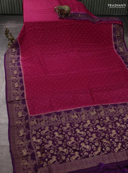 Banarasi semi chiffon saree pink and violet with allover thread & zari woven buttas and woven border
