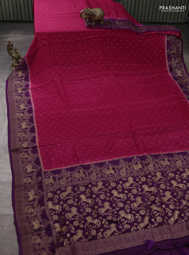 Banarasi semi chiffon saree pink and violet with allover thread & zari woven buttas and woven border