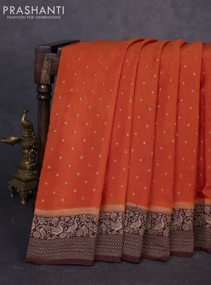 Banarasi semi chiffon saree orange and coffee brown with allover thread & zari woven buttas and woven border