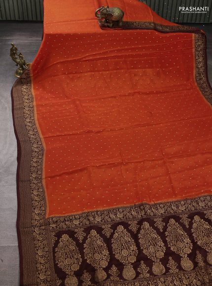 Banarasi semi chiffon saree orange and coffee brown with allover thread & zari woven buttas and woven border