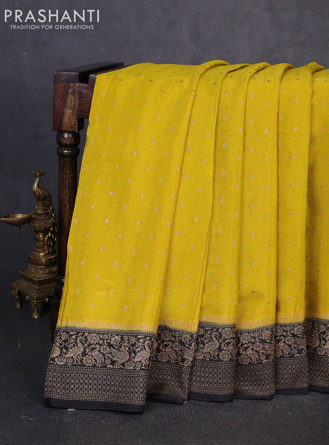Banarasi semi chiffon saree mustard yellow and black with allover thread & zari woven buttas and woven border