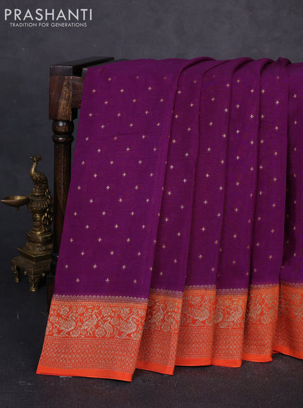 Banarasi semi chiffon saree purple and orange with allover thread & zari woven buttas and woven border