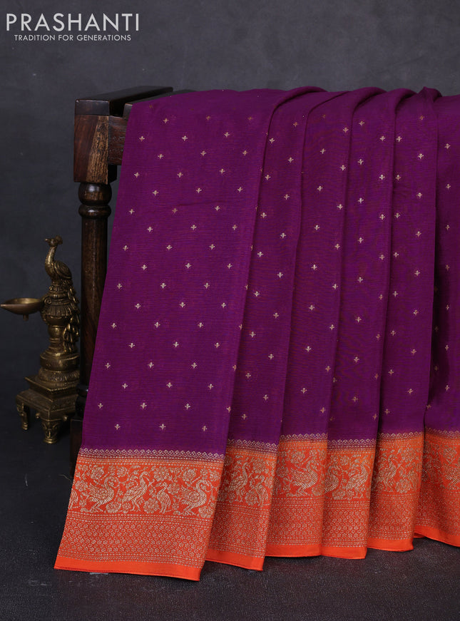Banarasi semi chiffon saree purple and orange with allover thread & zari woven buttas and woven border