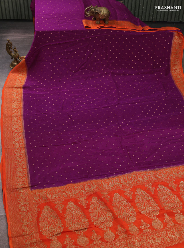 Banarasi semi chiffon saree purple and orange with allover thread & zari woven buttas and woven border