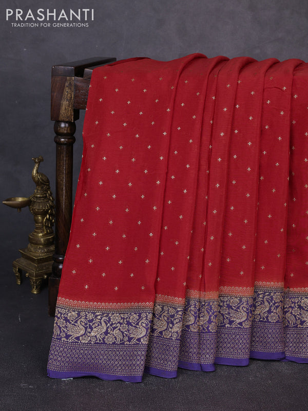Banarasi chiffon saree red and navy blue with allover thread & zari woven buttas and woven border