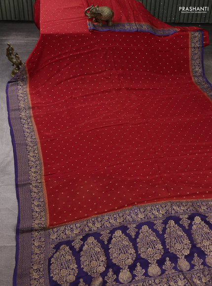 Banarasi semi chiffon saree red and navy blue with allover thread & zari woven buttas and woven border