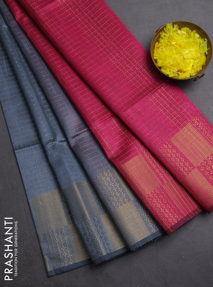 Semi dupion saree grey and pink with allover zari weaves and zari woven border