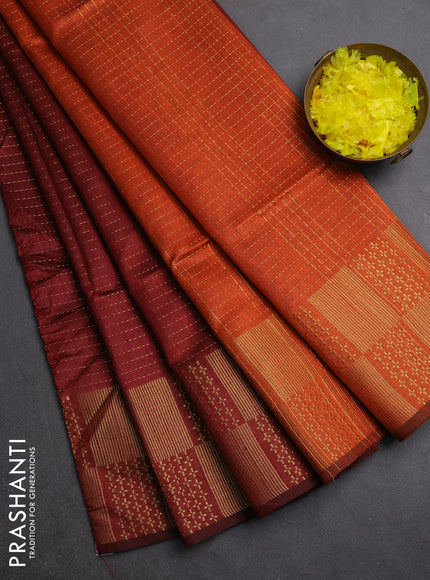 Semi dupion saree maroon and rustic orange with allover zari weaves and zari woven border