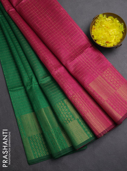 Semi dupion saree green and pink with allover zari weaves and zari woven border
