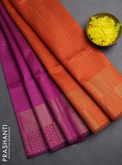 Semi dupion saree magenta pink and rustic orange with allover zari weaves and zari woven border