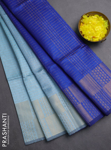 Semi dupion saree pastel blue and blue with allover zari weaves and zari woven border