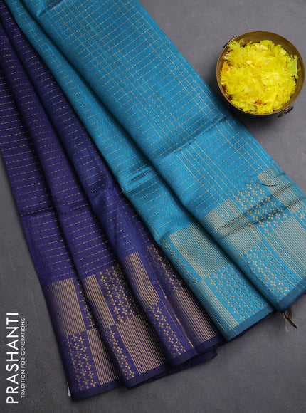 Semi dupion saree navy blue and teal green with allover zari weaves and zari woven border