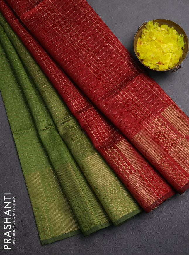 Semi dupion saree light green and maroon with allover zari weaves and zari woven border