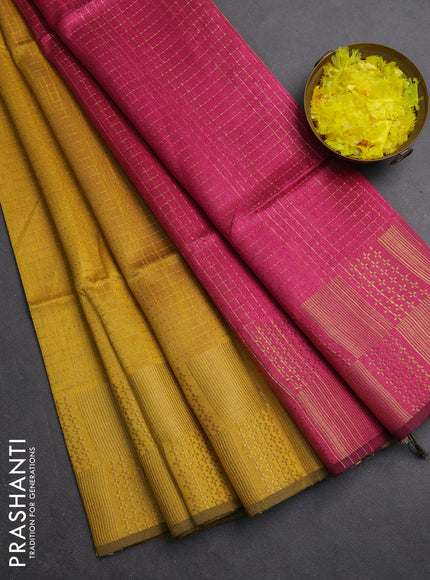 Semi dupion saree mustard yellow and pink with allover zari weaves and zari woven border