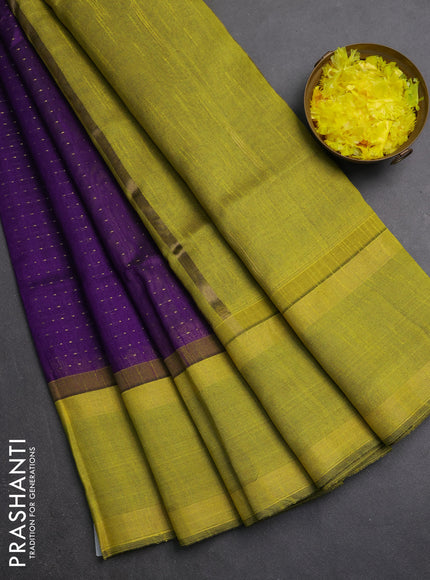 Semi dupion saree violet and lime green with allover zari weaves and rettapet zari woven border