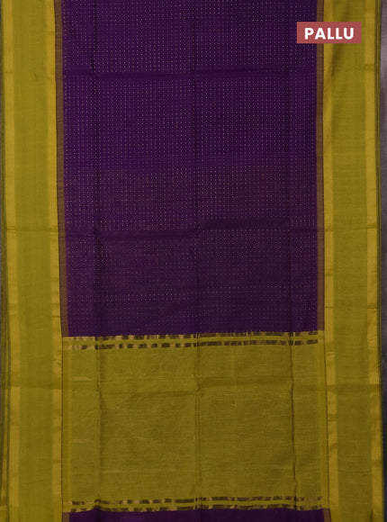 Semi dupion saree violet and lime green with allover zari weaves and rettapet zari woven border