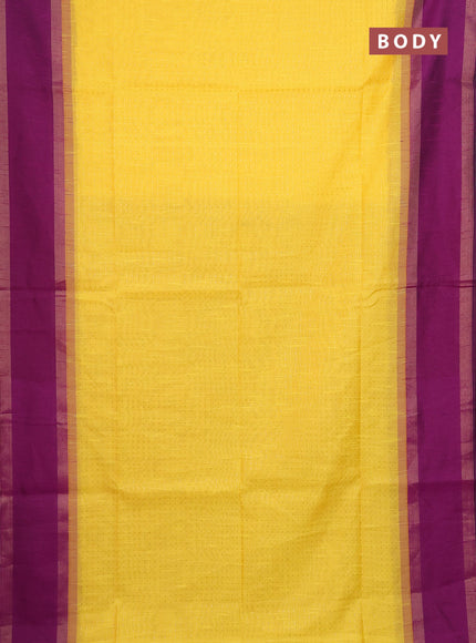Semi dupion saree yellow and purple with allover zari weaves and rettapet zari woven border