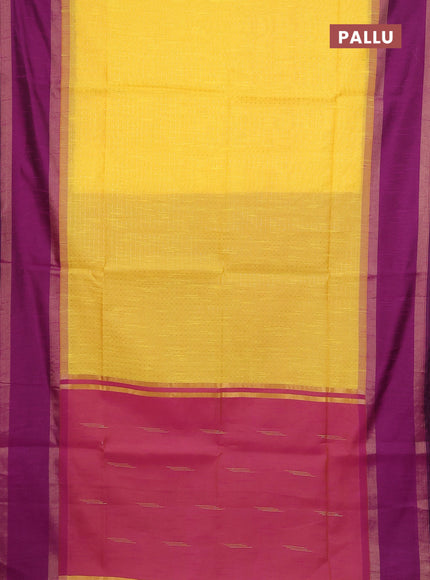 Semi dupion saree yellow and purple with allover zari weaves and rettapet zari woven border