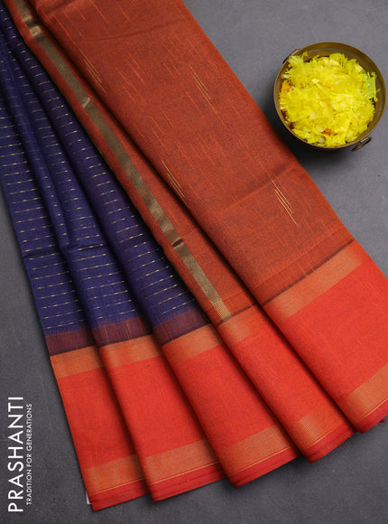 Semi dupion saree navy blue and orange with allover zari weaves and rettapet zari woven border