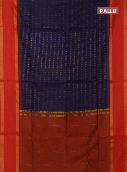 Semi dupion saree navy blue and orange with allover zari weaves and rettapet zari woven border