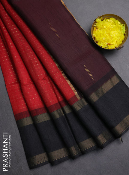 Semi dupion saree red and black with allover zari weaves and rettapet zari woven border
