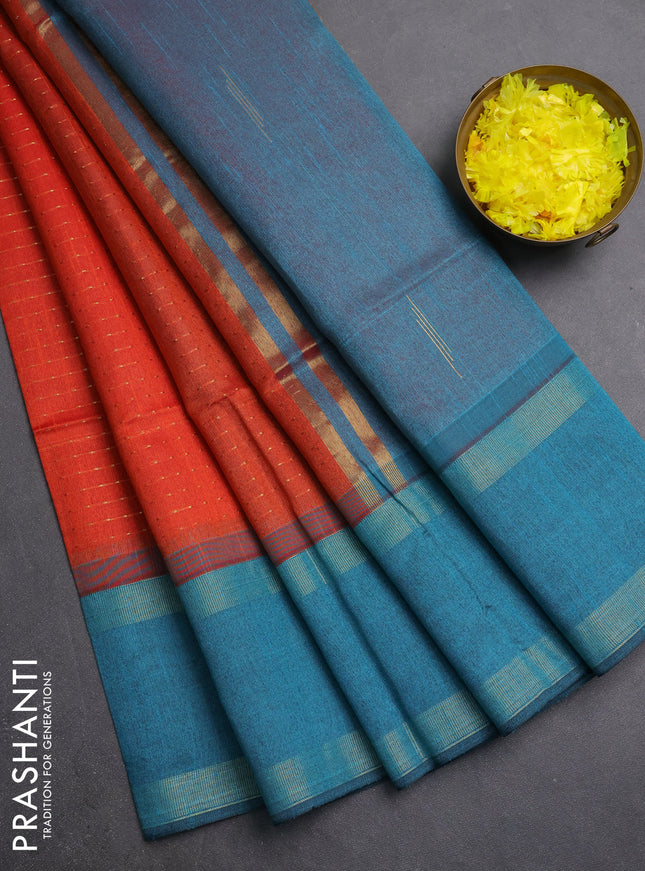 Semi dupion saree orange and peacock blue with allover zari weaves and rettapet zari woven border