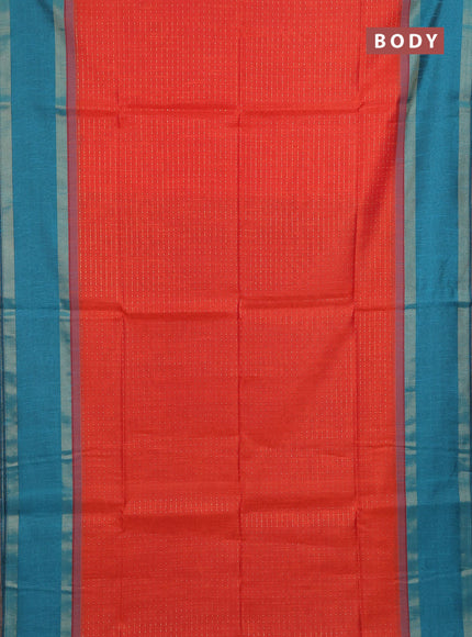 Semi dupion saree orange and peacock blue with allover zari weaves and rettapet zari woven border