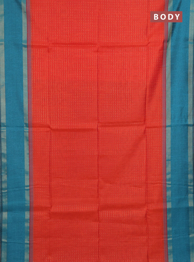 Semi dupion saree orange and peacock blue with allover zari weaves and rettapet zari woven border