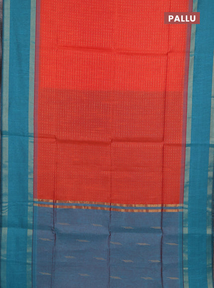 Semi dupion saree orange and peacock blue with allover zari weaves and rettapet zari woven border
