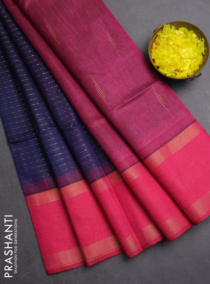 Semi dupion saree navy blue and pink with allover zari weaves and rettapet zari woven border