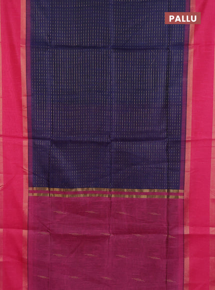 Semi dupion saree navy blue and pink with allover zari weaves and rettapet zari woven border