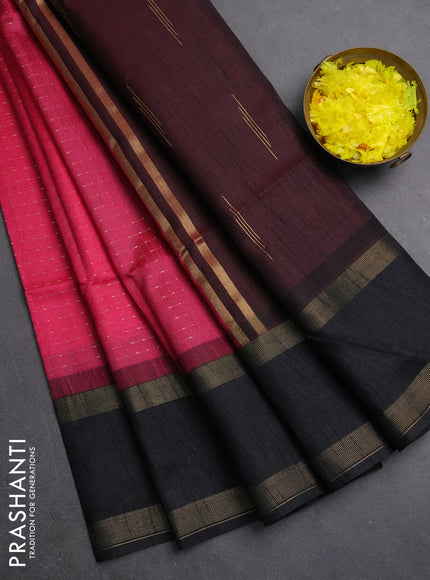 Semi dupion saree pink and black with allover zari weaves and rettapet zari woven border