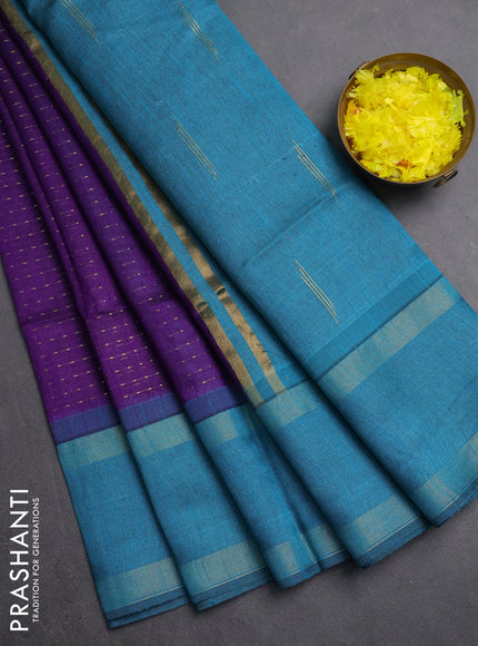 Semi dupion saree violet and peacock blue with allover zari weaves and rettapet zari woven border