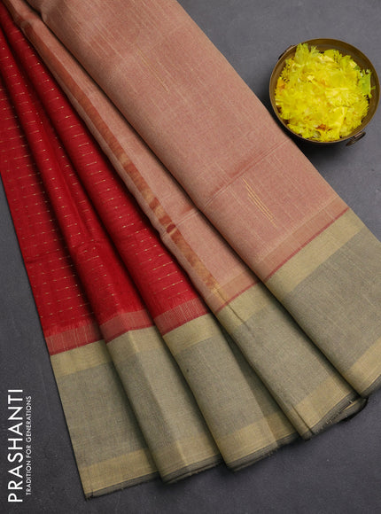 Semi dupion saree red and dark beige with allover zari weaves and rettapet zari woven border