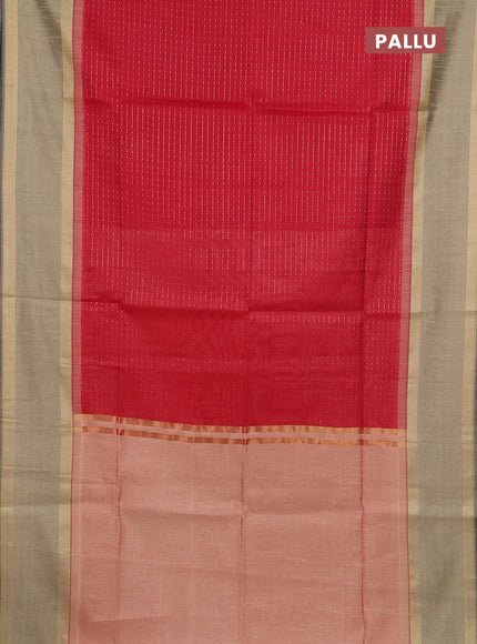 Semi dupion saree red and dark beige with allover zari weaves and rettapet zari woven border