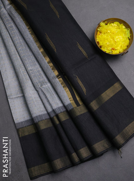 Semi dupion saree grey and black with allover zari weaves and rettapet zari woven border