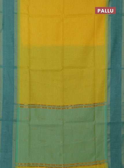 Semi dupion saree yellow and teal green with allover zari weaves and rettapet zari woven border