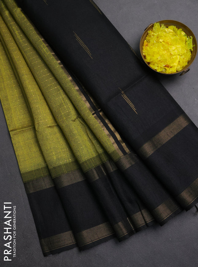 Semi dupion saree lime green and black with allover zari weaves and rettapet zari woven border