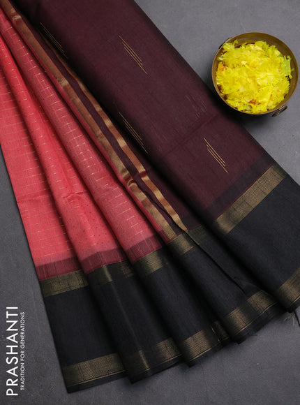 Semi dupion saree red and black with allover zari weaves and rettapet zari woven border