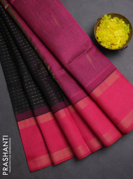 Semi dupion saree black and pink with allover zari weaves and rettapet zari woven border
