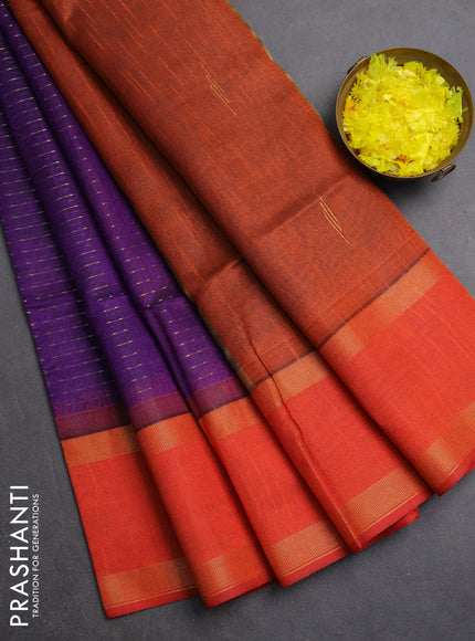 Semi dupion saree violet and rustic orange with allover zari weaves and rettapet zari woven border