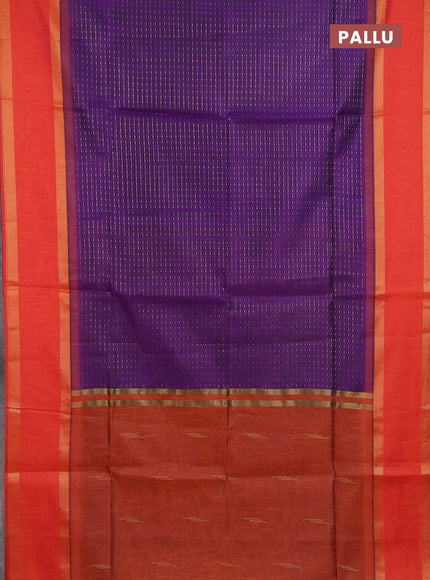 Semi dupion saree violet and rustic orange with allover zari weaves and rettapet zari woven border