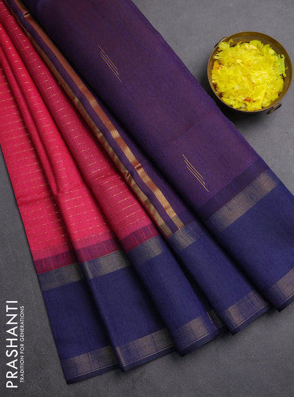 Semi dupion saree pink and navy blue with allover zari weaves and rettapet zari woven border