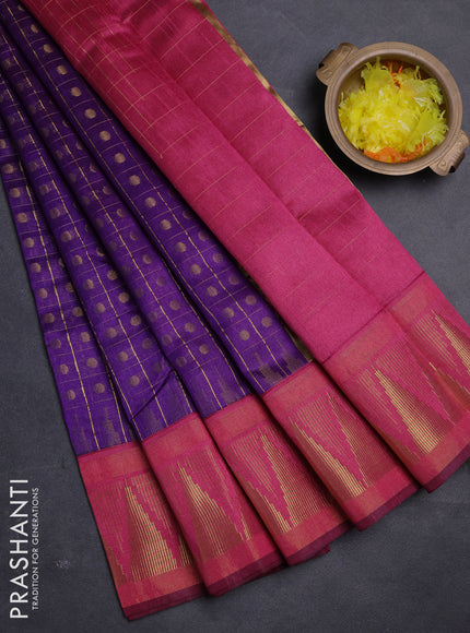 Semi dupion saree violet and pink with allover zari checks & buttas and long temple design zari woven border
