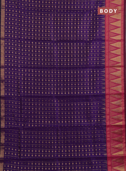 Semi dupion saree violet and pink with allover zari checks & buttas and long temple design zari woven border