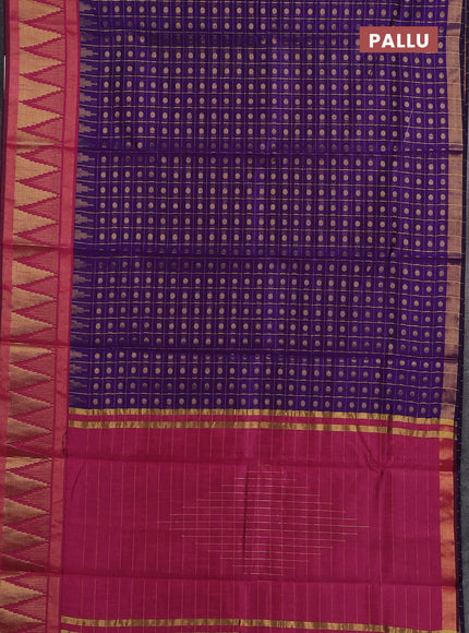 Semi dupion saree violet and pink with allover zari checks & buttas and long temple design zari woven border