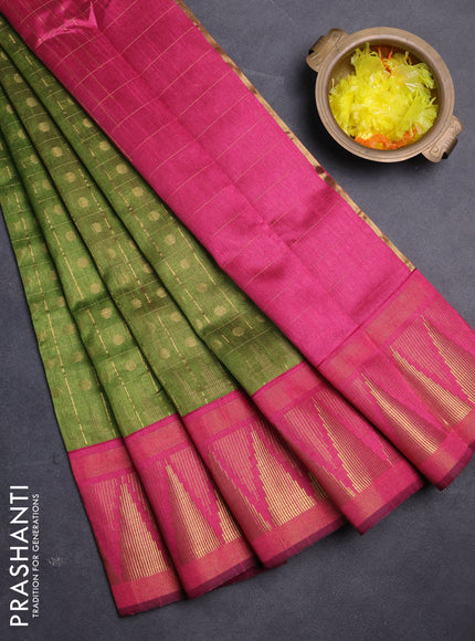 Semi dupion saree green and pink with allover zari checks & buttas and long temple design zari woven border