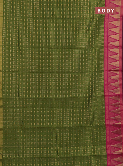 Semi dupion saree green and pink with allover zari checks & buttas and long temple design zari woven border