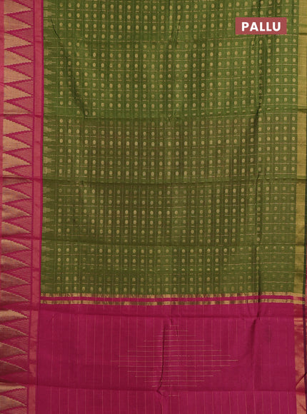 Semi dupion saree green and pink with allover zari checks & buttas and long temple design zari woven border