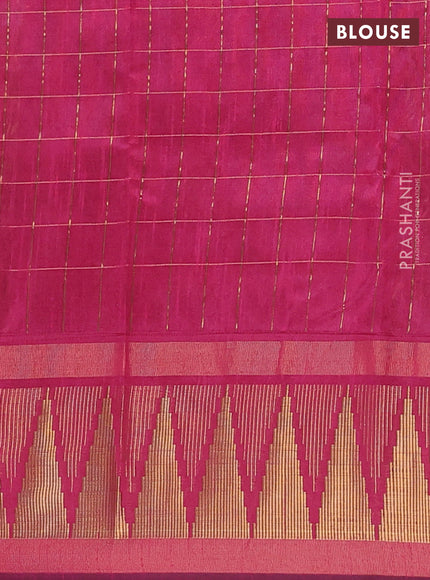 Semi dupion saree green and pink with allover zari checks & buttas and long temple design zari woven border